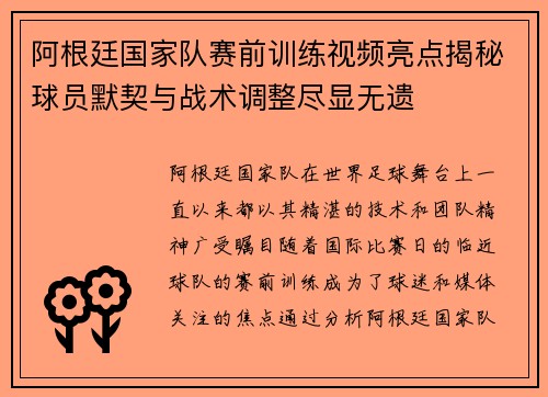 阿根廷国家队赛前训练视频亮点揭秘球员默契与战术调整尽显无遗